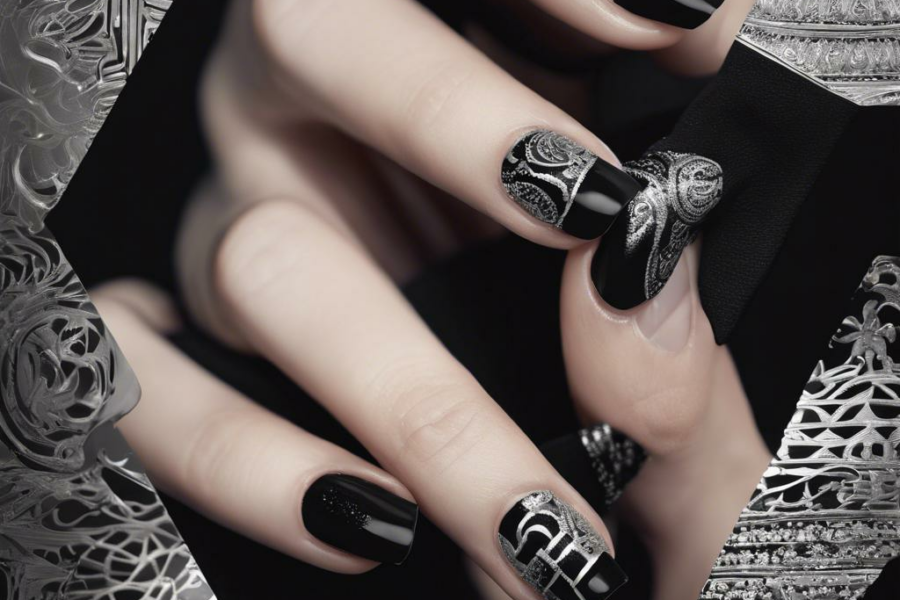 Chic Noir: Stunning Silver Designs on Black Nails
