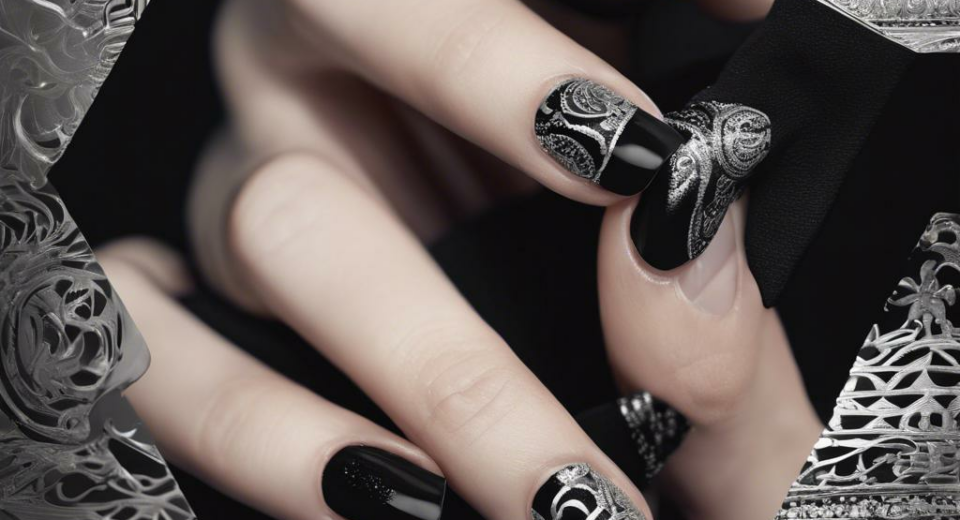 Chic Noir: Stunning Silver Designs on Black Nails